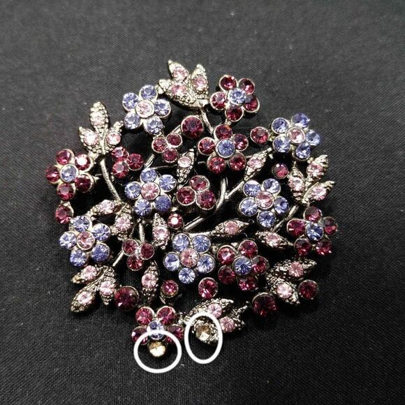 Purple & Lavender Rhinestone Floral Brooch, Gun Metal Gray - Picture 6 of 6